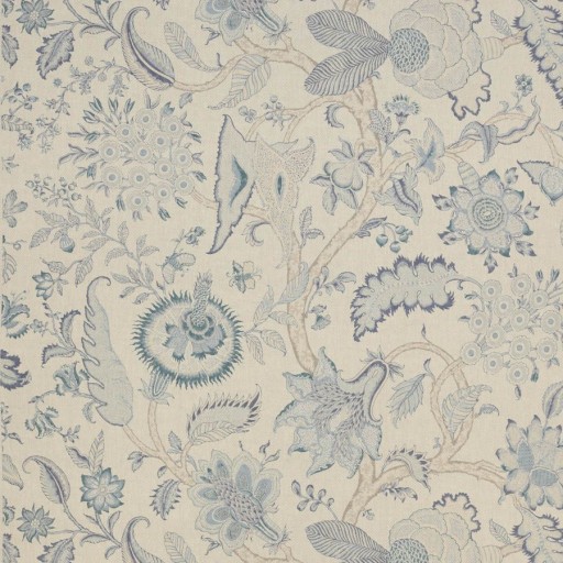 Ткань молочного цвета с голубыми вышивками F4618-03