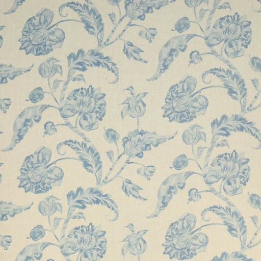 Ткань бежевого цвета с голубыми вышивками F4619-03