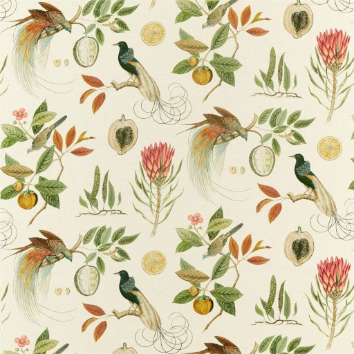 Ткань зелёного цвета с птицами и растениями DGLA226564