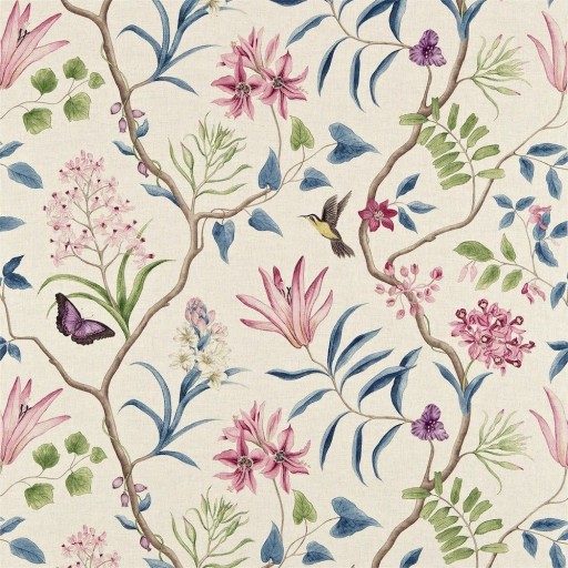 Ткань с розовыми цветами и синими листьями DVOY223297